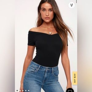 Lulu's Black Ribbed Short Sleeve Bodysuit sandpiper off shoulder sexy NWT